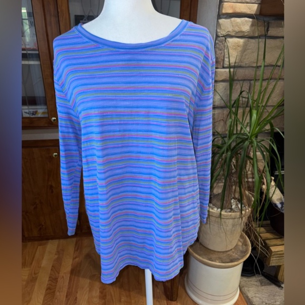 FRESH PRODUCE VERY CUTE BLUE PURPLE MULTICOLORED STRIPED 3/4 SLEEVE TOP EUC